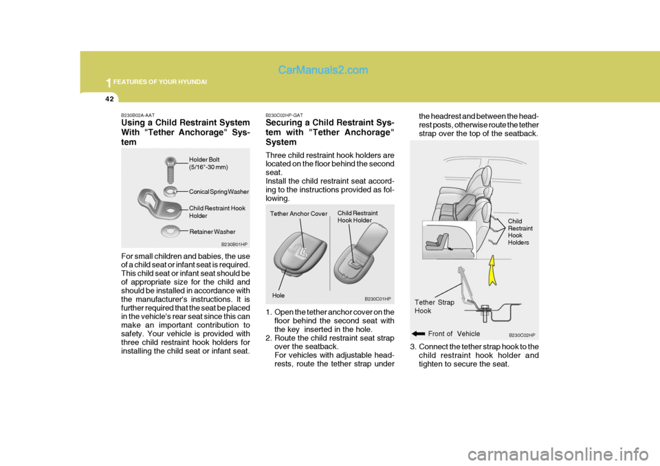 Hyundai Terracan 2006  Owners Manual 1FEATURES OF YOUR HYUNDAI
42
B230C02HP-GAT Securing a Child Restraint Sys- tem with "Tether Anchorage"System Three child restraint hook holders are located on the floor behind the second seat.Install 