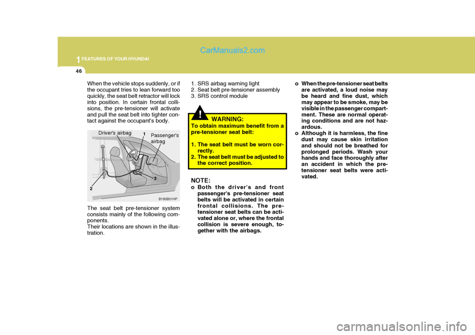 Hyundai Terracan 2006 Workshop Manual 1FEATURES OF YOUR HYUNDAI
46
!
1. SRS airbag warning light 
2. Seat belt pre-tensioner assembly
3. SRS control module o When the pre-tensioner seat belts
are activated, a loud noise maybe heard and fi