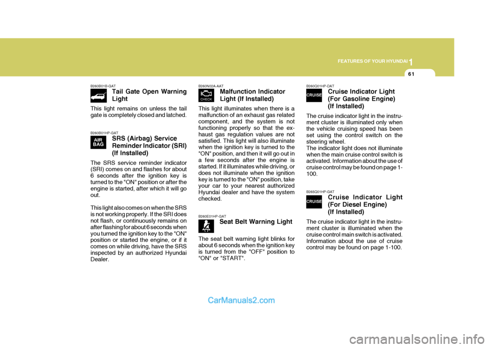 Hyundai Terracan 2006  Owners Manual 1
FEATURES OF YOUR HYUNDAI
61
B260B01B-GAT Tail Gate Open Warning Light
This light remains on unless the tail gate is completely closed and latched. B260B01HP-GAT SRS (Airbag) Service Reminder Indicat