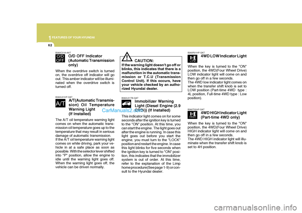 Hyundai Terracan 2006 Manual PDF 1FEATURES OF YOUR HYUNDAI
62
B260R01HP-GAT4WD LOW Indicator Light
When the key is turned to the "ON" position, the 4WD(Four Wheel Drive)LOW indicator light will come on and then go off in a few second