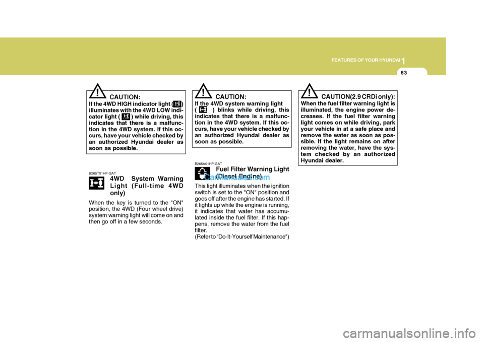 Hyundai Terracan 2006 Manual PDF 1
FEATURES OF YOUR HYUNDAI
63
!!
CAUTION:
If the 4WD HIGH indicator light (       ) illuminates with the 4WD LOW indi- cator light (       ) while driving, this indicates that there is a malfunc-tion 