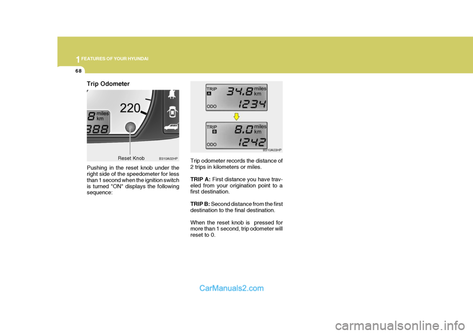 Hyundai Terracan 2006 Manual Online 1FEATURES OF YOUR HYUNDAI
68
Trip odometer records the distance of 2 trips in kilometers or miles. TRIP A:
 First distance you have trav-
eled from your origination point to a first destination. TRIP 