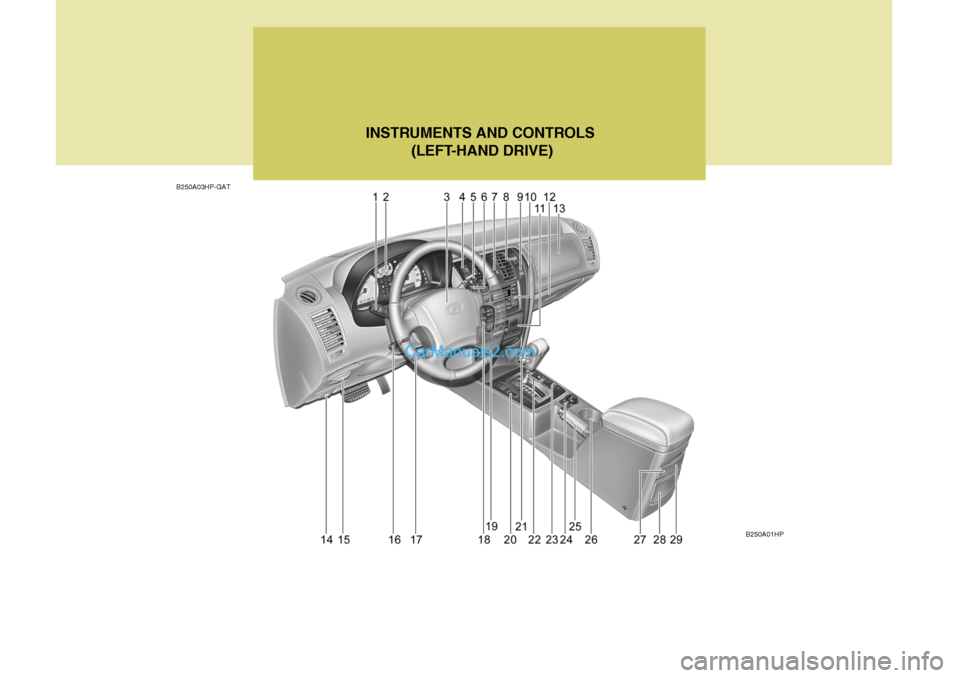 Hyundai Terracan 2006  Owners Manual B250A03HP-GATINSTRUMENTS AND CONTROLS
 (LEFT-HAND DRIVE)
B250A01HP   