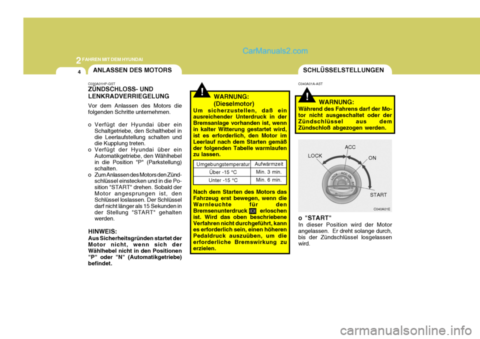 Hyundai Terracan 2006  Betriebsanleitung (in German) 2FAHREN MIT DEM HYUNDAI
4
!!
ANLASSEN DES MOTORS
WARNUNG: (Dieselmotor)
Um sicherzustellen, daß ein ausreichender Unterdruck in der Bremsanlage vorhanden ist, wennin kalter Witterung gestartet wird, 