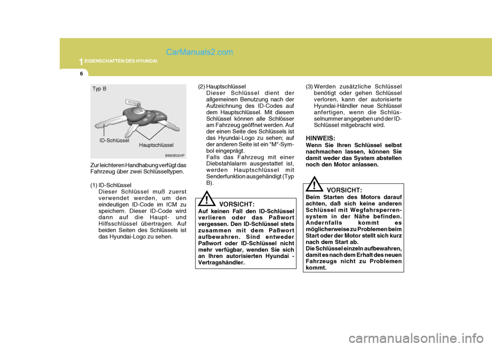 Hyundai Terracan 2006 Betriebsanleitung (in German) 1EIGENSCHAFTEN DES HYUNDAI
6
!
!
Zur leichteren Handhabung verfügt das Fahrzeug über zwei Schlüsseltypen.
(1) ID-Schlüssel
Dieser Schlüssel muß zuerst verwendet werden, um den eindeutigen ID-Co Hyundai Terracan 2006 Betriebsanleitung (in German) 1EIGENSCHAFTEN DES HYUNDAI
6
!
!
Zur leichteren Handhabung verfügt das Fahrzeug über zwei Schlüsseltypen.
(1) ID-Schlüssel
Dieser Schlüssel muß zuerst verwendet werden, um den eindeutigen ID-Co