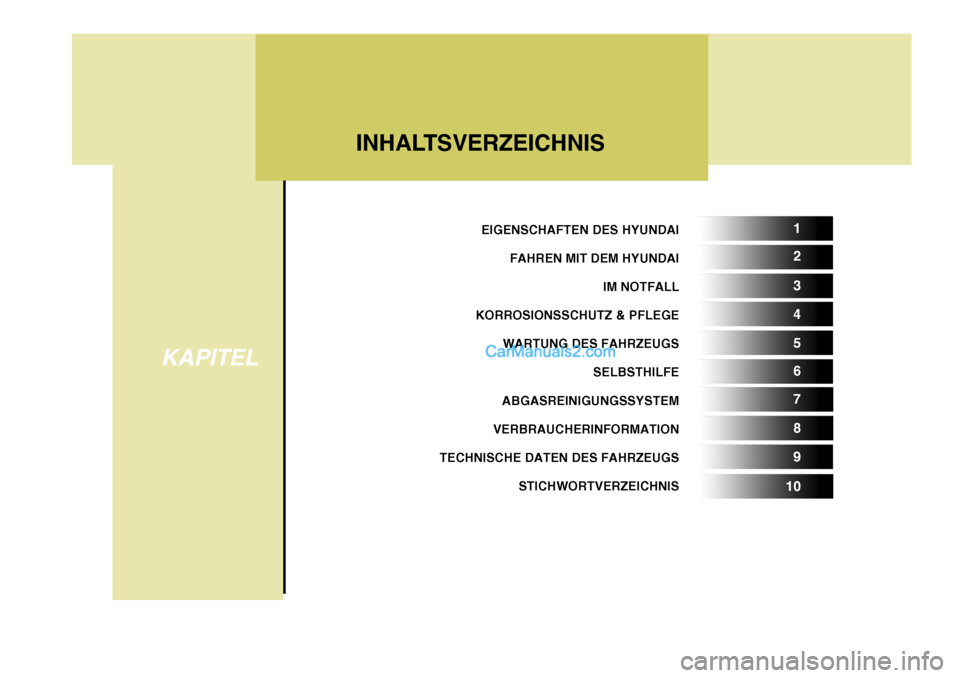 Hyundai Terracan 2006  Betriebsanleitung (in German) EIGENSCHAFTEN DES HYUNDAIFAHREN MIT DEM HYUNDAI IM NOTFALL
KORROSIONSSCHUTZ & PFLEGE WARTUNG DES FAHRZEUGS SELBSTHILFE
ABGASREINIGUNGSSYSTEM
VERBRAUCHERINFORMATION
TECHNISCHE DATEN DES FAHRZEUGS
STICH