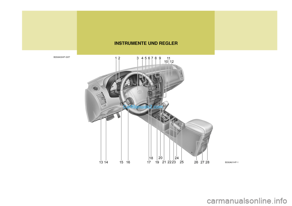 Hyundai Terracan 2006 Betriebsanleitung (in German) INSTRUMENTE UND REGLER
B250A03HP-GST
B250A01HP-1 Hyundai Terracan 2006 Betriebsanleitung (in German) INSTRUMENTE UND REGLER
B250A03HP-GST
B250A01HP-1