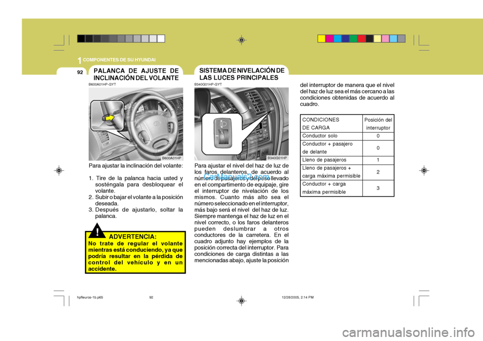 Hyundai Terracan 2006 Manual del propietario (in Spanish) 1COMPONENTES DE SU HYUNDAI
92
del interruptor de manera que el nivel del haz de luz sea el más cercano a lascondiciones obtenidas de acuerdo al cuadro.
CONDICIONES DE CARGA Conductor solo Conductor + Hyundai Terracan 2006 Manual del propietario (in Spanish) 1COMPONENTES DE SU HYUNDAI
92
del interruptor de manera que el nivel del haz de luz sea el más cercano a lascondiciones obtenidas de acuerdo al cuadro.
CONDICIONES DE CARGA Conductor solo Conductor +