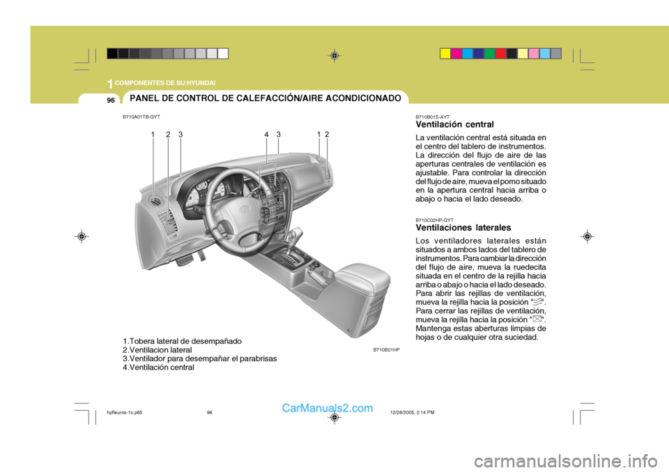 Hyundai Terracan 2006 Manual del propietario (in Spanish) 1COMPONENTES DE SU HYUNDAI
96
B710B01S-AYT Ventilación central La ventilación central está situada en el centro del tablero de instrumentos.La dirección del flujo de aire de las aperturas centrale Hyundai Terracan 2006 Manual del propietario (in Spanish) 1COMPONENTES DE SU HYUNDAI
96
B710B01S-AYT Ventilación central La ventilación central está situada en el centro del tablero de instrumentos.La dirección del flujo de aire de las aperturas centrale