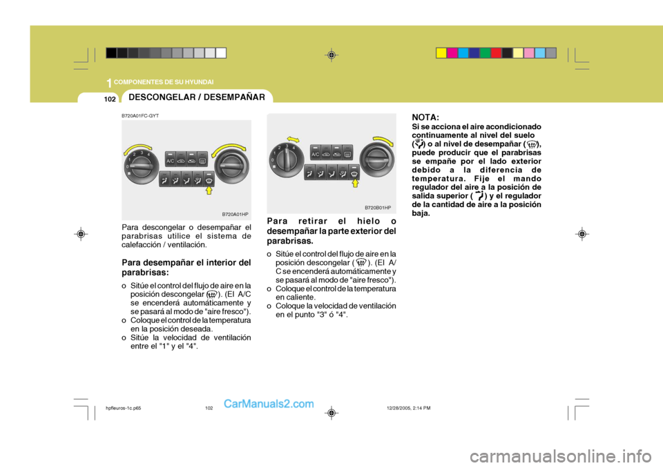 Hyundai Terracan 2006 Manual del propietario (in Spanish) 1COMPONENTES DE SU HYUNDAI
102DESCONGELAR / DESEMPAÑAR
B720A01HP B720B01HP
B720A01FC-GYT Para descongelar o desempañar el parabrisas utilice el sistema de calefacción / ventilación. Para desempañ Hyundai Terracan 2006 Manual del propietario (in Spanish) 1COMPONENTES DE SU HYUNDAI
102DESCONGELAR / DESEMPAÑAR
B720A01HP B720B01HP
B720A01FC-GYT Para descongelar o desempañar el parabrisas utilice el sistema de calefacción / ventilación. Para desempañ