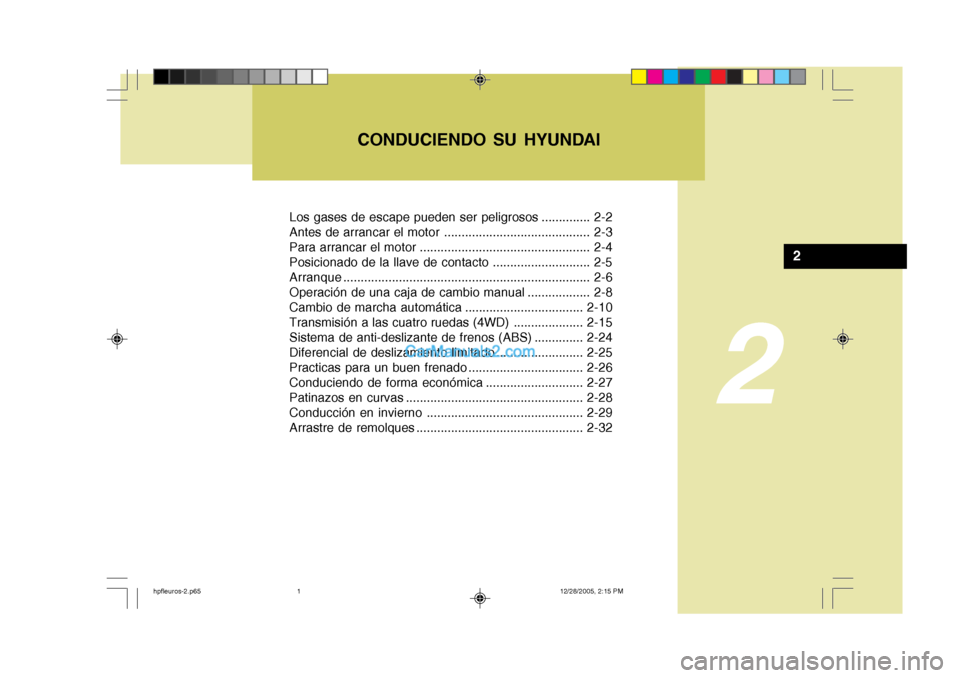 Hyundai Terracan 2006  Manual del propietario (in Spanish) 2
Los gases de escape pueden ser peligrosos .............. 2-2 
Antes de arrancar el motor .......................................... 2-3
Para arrancar el motor .......................................