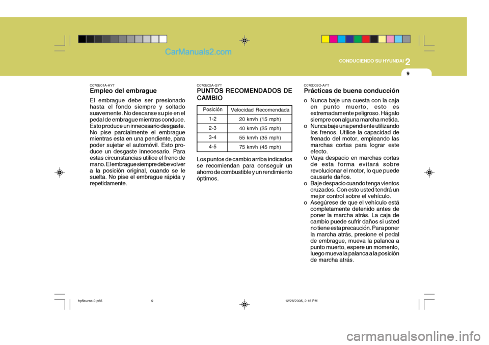 Hyundai Terracan 2006 Manual del propietario (in Spanish) 2
CONDUCIENDO SU HYUNDAI
9
C070B01A-AYT Empleo del embrague El embrague debe ser presionado hasta el fondo siempre y soltadosuavemente. No descanse su pie en el pedal de embrague mientras conduce. Est Hyundai Terracan 2006 Manual del propietario (in Spanish) 2
CONDUCIENDO SU HYUNDAI
9
C070B01A-AYT Empleo del embrague El embrague debe ser presionado hasta el fondo siempre y soltadosuavemente. No descanse su pie en el pedal de embrague mientras conduce. Est