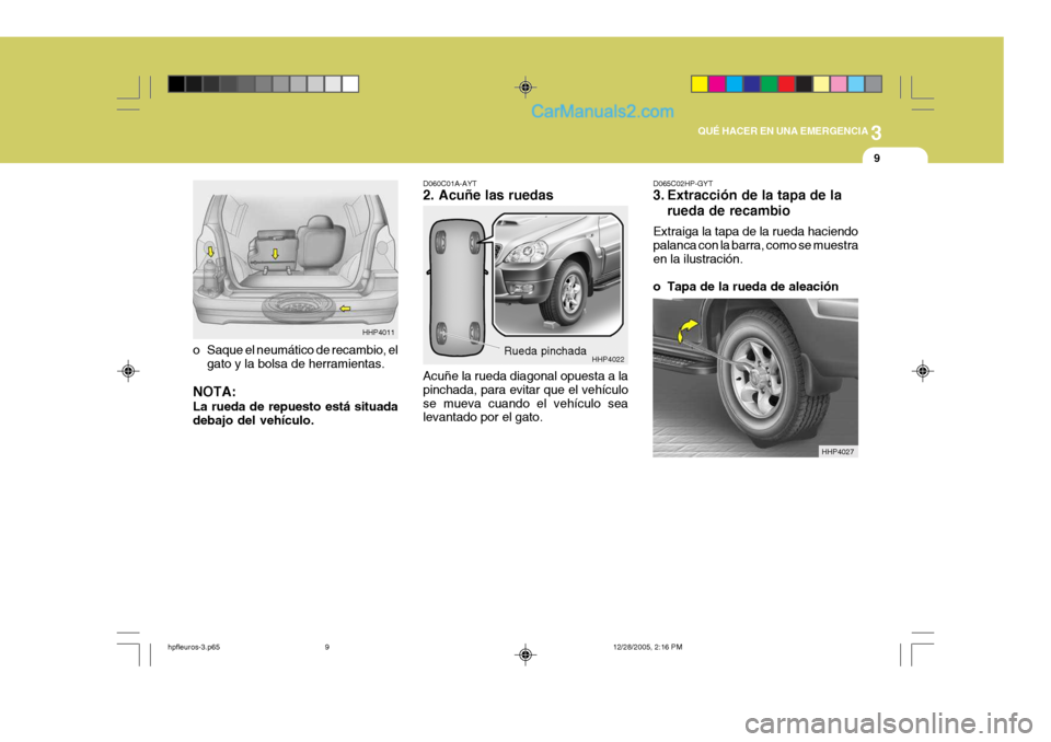 Hyundai Terracan 2006 Manual del propietario (in Spanish) 3
QUÉ HACER EN UNA EMERGENCIA
9
Rueda pinchada
HHP4022
D060C01A-AYT 2. Acuñe las ruedas Acuñe la rueda diagonal opuesta a la pinchada, para evitar que el vehículose mueva cuando el vehículo sea l Hyundai Terracan 2006 Manual del propietario (in Spanish) 3
QUÉ HACER EN UNA EMERGENCIA
9
Rueda pinchada
HHP4022
D060C01A-AYT 2. Acuñe las ruedas Acuñe la rueda diagonal opuesta a la pinchada, para evitar que el vehículose mueva cuando el vehículo sea l