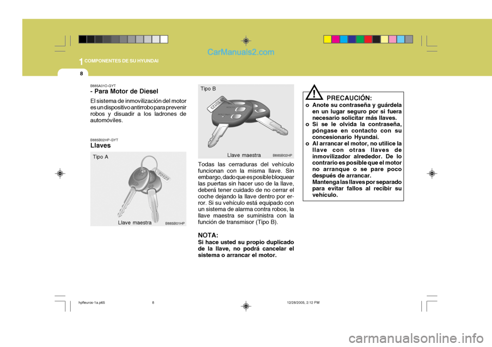 Hyundai Terracan 2006  Manual del propietario (in Spanish) 1COMPONENTES DE SU HYUNDAI
8
Llave maestra
B885B01HP B885B02HP
Tipo A Tipo B
Llave maestra
B885A01O-GYT - Para Motor de Diesel El sistema de inmovilización del motor es un dispositivo antirrobo para 