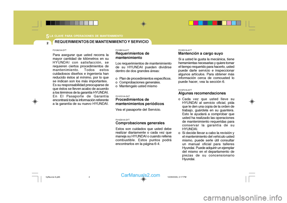 Hyundai Terracan 2006  Manual del propietario (in Spanish) 5LA CLAVE PARA OPERACIONES DE MANTENIMIENTO
2REQUERIMIENTOS DE MANTENIMIENTO Y SERVICIO
F010C01A-GHT
Procedimientos de mantenimientos periódicos
Vea el pasaporte del Servicio. F010D01A-GYT
Comprobaci Hyundai Terracan 2006  Manual del propietario (in Spanish) 5LA CLAVE PARA OPERACIONES DE MANTENIMIENTO
2REQUERIMIENTOS DE MANTENIMIENTO Y SERVICIO
F010C01A-GHT
Procedimientos de mantenimientos periódicos
Vea el pasaporte del Servicio. F010D01A-GYT
Comprobaci
