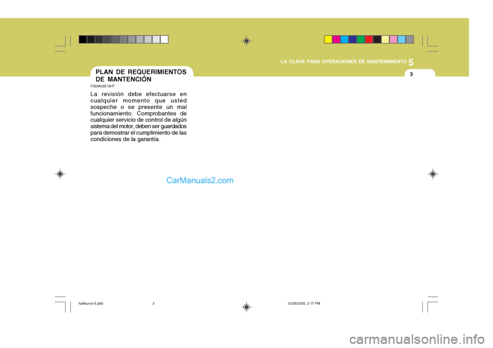 Hyundai Terracan 2006  Manual del propietario (in Spanish) 5
LA CLAVE PARA OPERACIONES DE MANTENIMIENTO
3PLAN DE REQUERIMIENTOS DE MANTENCIÓN
F020A03S-GHT La revisión debe efectuarse en cualquier momento que usted sospeche o se presente un malfuncionamiento Hyundai Terracan 2006  Manual del propietario (in Spanish) 5
LA CLAVE PARA OPERACIONES DE MANTENIMIENTO
3PLAN DE REQUERIMIENTOS DE MANTENCIÓN
F020A03S-GHT La revisión debe efectuarse en cualquier momento que usted sospeche o se presente un malfuncionamiento