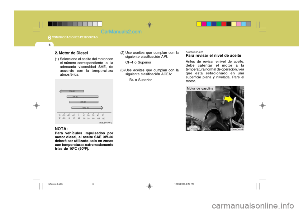 Hyundai Terracan 2006  Manual del propietario (in Spanish) 6COMPROBACIONES PERIODICAS
6
G030C02HP-AHT
Para revisar el nivel de aceite
Antes de revisar elnivel de aceite,
debe calentar el motor a la temperatura normal de operación, vea que esta estacionado en Hyundai Terracan 2006  Manual del propietario (in Spanish) 6COMPROBACIONES PERIODICAS
6
G030C02HP-AHT
Para revisar el nivel de aceite
Antes de revisar elnivel de aceite,
debe calentar el motor a la temperatura normal de operación, vea que esta estacionado en