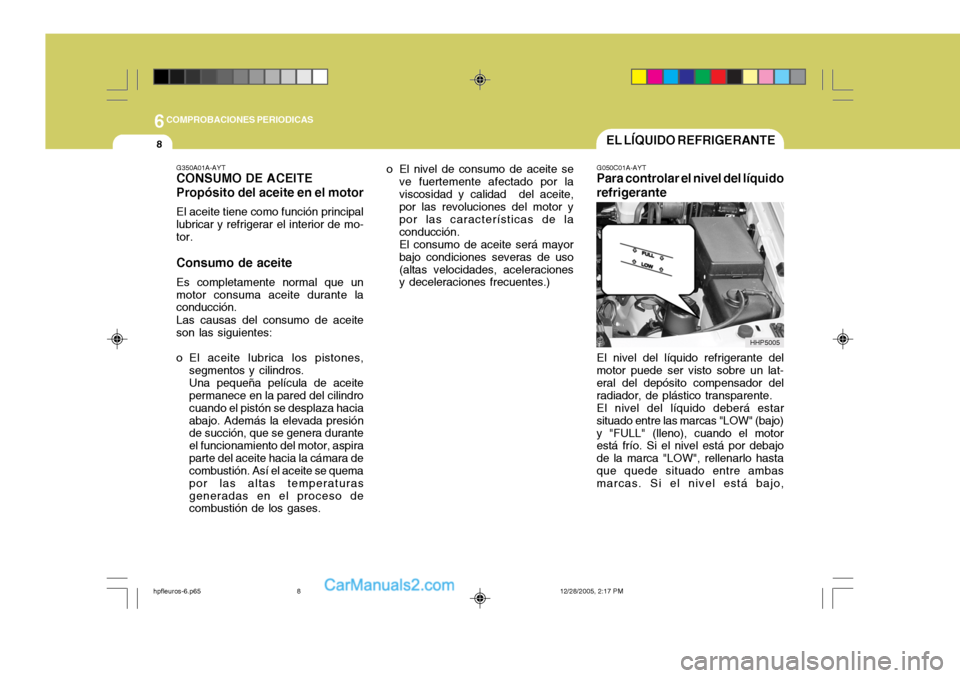 Hyundai Terracan 2006 Manual del propietario (in Spanish) 6COMPROBACIONES PERIODICAS
8EL LÍQUIDO REFRIGERANTE
G050C01A-AYT
Para controlar el nivel del líquido refrigerante
El nivel del líquido refrigerante del
motor puede ser visto sobre un lat- eral del Hyundai Terracan 2006 Manual del propietario (in Spanish) 6COMPROBACIONES PERIODICAS
8EL LÍQUIDO REFRIGERANTE
G050C01A-AYT
Para controlar el nivel del líquido refrigerante
El nivel del líquido refrigerante del
motor puede ser visto sobre un lat- eral del