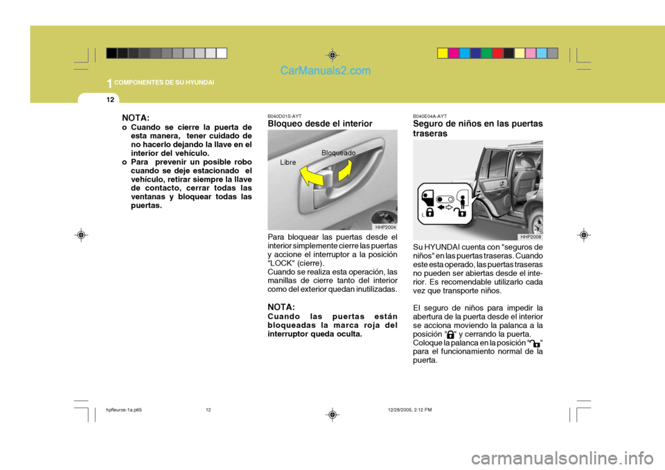 Hyundai Terracan 2006  Manual del propietario (in Spanish) 1COMPONENTES DE SU HYUNDAI
12
B040D01S-AYT Bloqueo desde el interior Para bloquear las puertas desde el interior simplemente cierre las puertas y accione el interruptor a la posición "LOCK" (cierre).