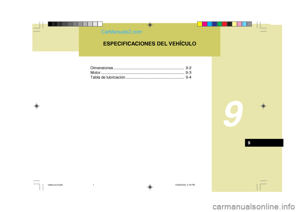 Hyundai Terracan 2006 Manual del propietario (in Spanish) Dimensiones ................................................................. 9-2
Motor ... ........................................................... ............... 9-3
Tabla de lubricación ...... Hyundai Terracan 2006 Manual del propietario (in Spanish) Dimensiones ................................................................. 9-2
Motor ... ........................................................... ............... 9-3
Tabla de lubricación ......