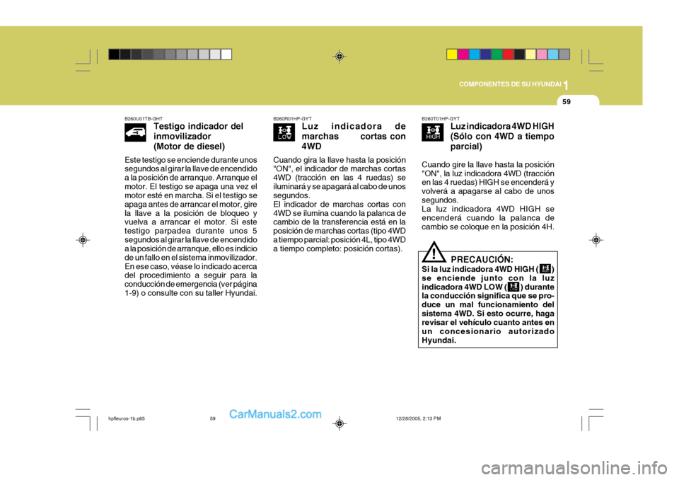 Hyundai Terracan 2006  Manual del propietario (in Spanish) 1
COMPONENTES DE SU HYUNDAI
59
B260T01HP-GYT Luz indicadora 4WD HIGH (Sólo con 4WD a tiempoparcial)
Cuando gire la llave hasta la posición "ON", la luz indicadora 4WD (tracción en las 4 ruedas) HIG