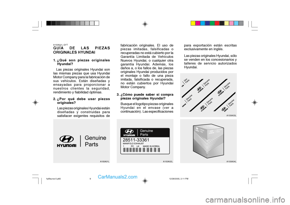 Hyundai Terracan 2006  Manual del propietario (in Spanish) A100A01L-GYT GUÍA DE LAS PIEZAS ORIGINALES HYUNDAI 
1. ¿Qué son piezas originalesHyundai?
Las piezas originales Hyundai son
las mismas piezas que usa Hyundai Motor Company para la fabricación desu