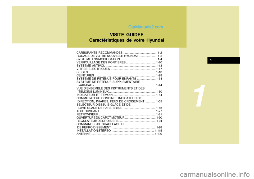 Hyundai Terracan 2006  Manuel du propriétaire (in French) VISITE GUIDEE
Caractéristiques de votre Hyundai
CARBURANTS RECOMMANDES ..... ................................... 1-2
RODAGE DE VOTRE NOUVELLE  HYUNDAI ......................1-3
SYSTEME DIMMOBILISATI