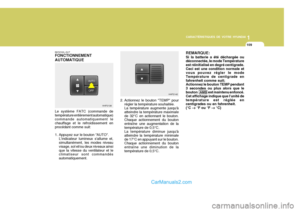 Hyundai Terracan 2006  Manuel du propriétaire (in French) 1
CARACTÉRISTIQUES DE VOTRE HYUNDAI
109
1
CARACTÉRISTIQUES DE VOTRE HYUNDAI
109
HHP2138 HHP2142
B970C02L-GUT FONCTIONNEMENT AUTOMATIQUE Le système FATC (commande de température entièrement automa