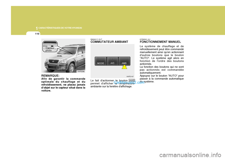 Hyundai Terracan 2006  Manuel du propriétaire (in French) 1CARACTÉRISTIQUES DE VOTRE HYUNDAI
110
HHP2096
HHP2147
REMARQUE: Afin de garantir la commande optimale du chauffage et durefroidissement, ne placez jamais dobjet sur le capteur situé dans la voitur