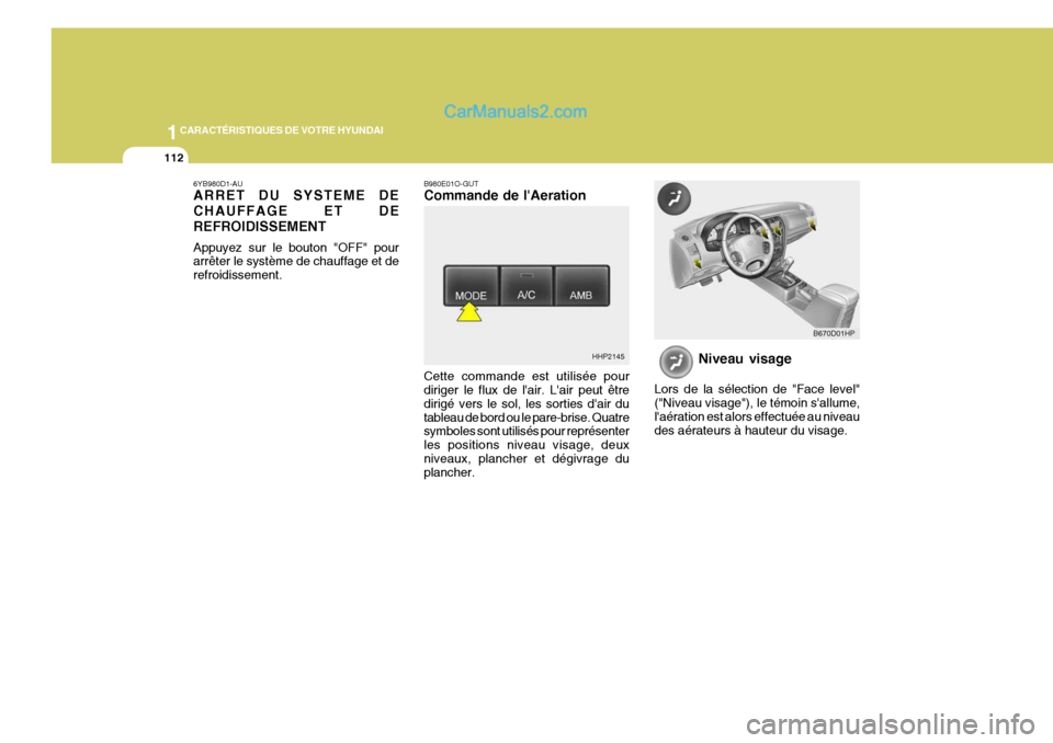 Hyundai Terracan 2006  Manuel du propriétaire (in French) 1CARACTÉRISTIQUES DE VOTRE HYUNDAI
112
6YB980D1-AU ARRET DU SYSTEME DE CHAUFFAGE ET DEREFROIDISSEMENT Appuyez sur le bouton "OFF" pour arrêter le système de chauffage et de refroidissement. B980E01