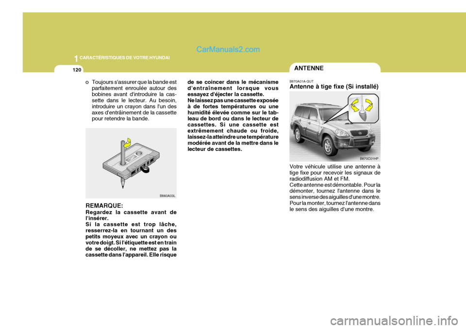 Hyundai Terracan 2006  Manuel du propriétaire (in French) 1CARACTÉRISTIQUES DE VOTRE HYUNDAI
120
de se coincer dans le mécanisme dentraînement lorsque vousessayez déjecter la cassette. Ne laissez pas une cassette exposée à de fortes températures ou 