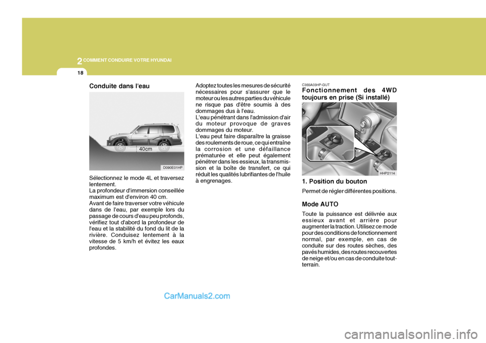 Hyundai Terracan 2006  Manuel du propriétaire (in French) 2COMMENT CONDUIRE VOTRE HYUNDAI
18
C355A03HP-GUT Fonctionnement des 4WD toujours en prise (Si installé) 1. Position du bouton Permet de régler différentes positions. Mode AUTO Toute la puissance es