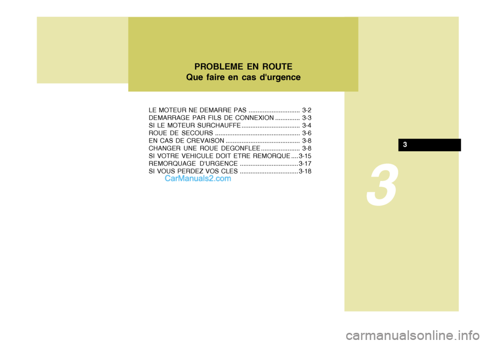 Hyundai Terracan 2006  Manuel du propriétaire (in French) 3
LE MOTEUR NE DEMARRE PAS ............................. 3-2 
DEMARRAGE PAR FILS DE CONNEXION .............. 3-3
SI LE MOTEUR SURCHAUFFE ................................. 3-4
ROUE DE SECOURS .........