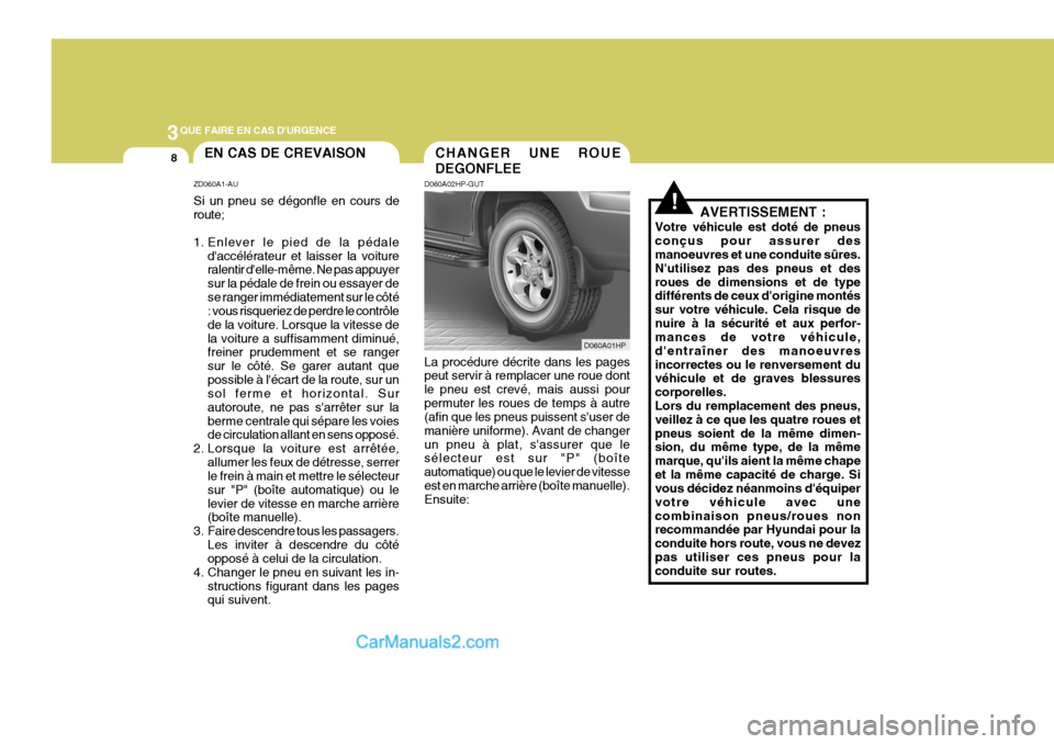 Hyundai Terracan 2006  Manuel du propriétaire (in French) 3QUE FAIRE EN CAS DURGENCE
8
!
CHANGER UNE ROUE DEGONFLEEEN CAS DE CREVAISON
ZD060A1-AU Si un pneu se dégonfle en cours de route; 
1. Enlever le pied de la pédale daccélérateur et laisser la voi