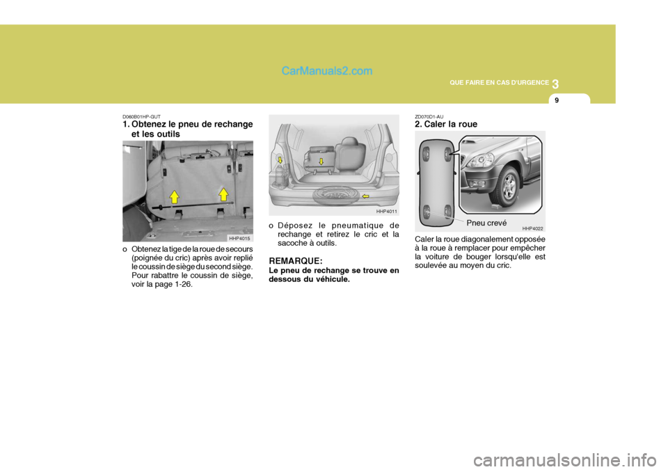 Hyundai Terracan 2006  Manuel du propriétaire (in French) 3
QUE FAIRE EN CAS DURGENCE
9
o Déposez le pneumatique de
rechange et retirez le cric et la sacoche à outils.
REMARQUE: Le pneu de rechange se trouve en dessous du véhicule. ZD070D1-AU 
2. Caler l