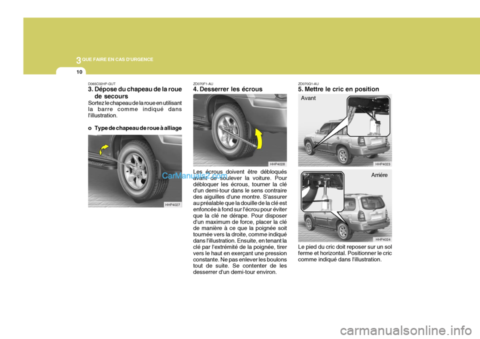 Hyundai Terracan 2006  Manuel du propriétaire (in French) 3QUE FAIRE EN CAS DURGENCE
10
ZD070F1-AU 
4. Desserrer les écrous
D065C02HP-GUT3. Dépose du chapeau de la roue
de secours
Sortez le chapeau de la roue en utilisant la barre comme indiqué dans lil