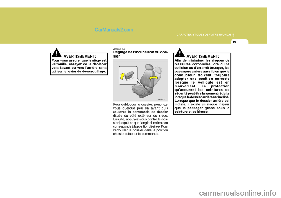 Hyundai Terracan 2006  Manuel du propriétaire (in French) 1
CARACTÉRISTIQUES DE VOTRE HYUNDAI
19
ZB060C2-AU Réglage de linclinaison du dos- sier Pour débloquer le dossier, penchez- vous quelque peu en avant puis soulevez la commande de dossier dituée du