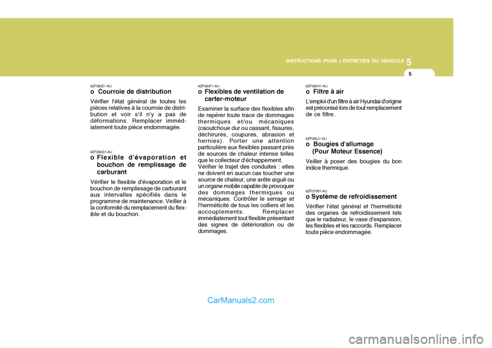 Hyundai Terracan 2006  Manuel du propriétaire (in French) 5
INSTRUCTIONS POUR LENTRETIEN DU VÉHICULE
5
6ZF060F1-AU
o Flexibles de ventilation de
carter-moteur
Examiner la surface des flexibles afin
de repérer toute trace de dommages thermiques et/ou méca