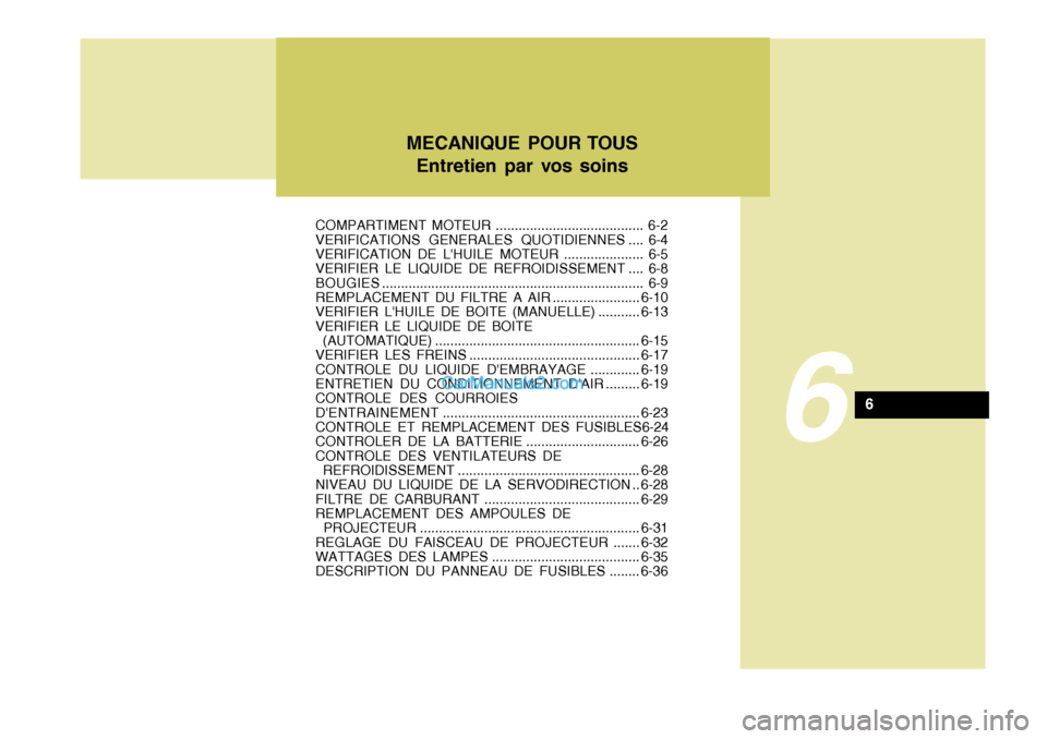 Hyundai Terracan 2006  Manuel du propriétaire (in French) 6
COMPARTIMENT MOTEUR ....................................... 6-2 
VERIFICATIONS GENERALES QUOTIDIENNES .... 6-4
VERIFICATION DE LHUILE MOTEUR ..................... 6-5 
VERIFIER LE LIQUIDE DE REFROI