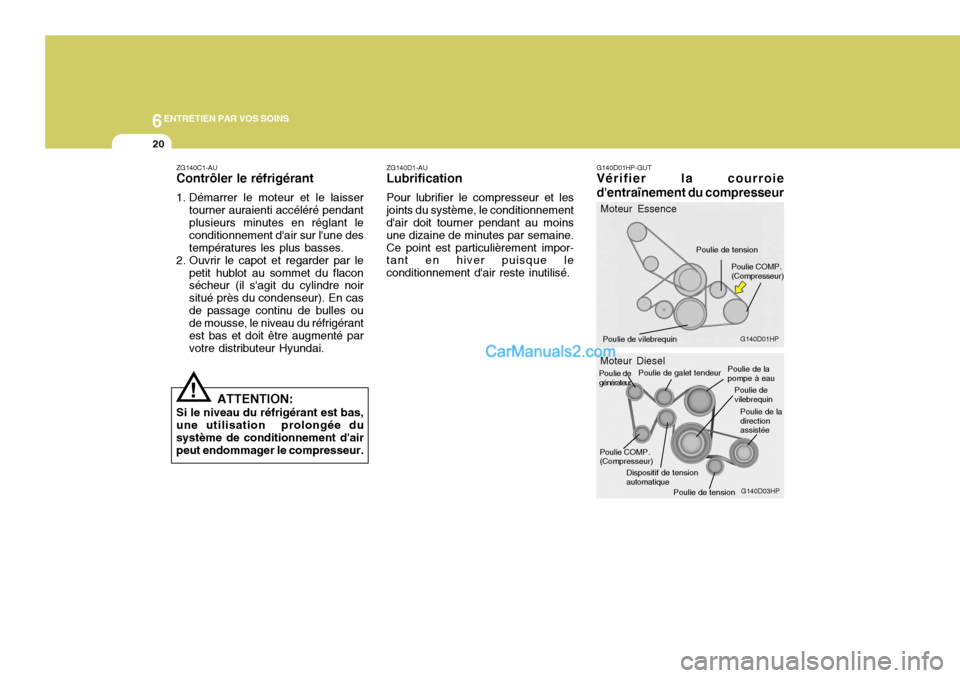 Hyundai Terracan 2006 Manuel du propriétaire (in French) 6ENTRETIEN PAR VOS SOINS
20
ZG140D1-AU
Lubrification
Pour lubrifier le compresseur et les joints du système, le conditionnement dair doit tourner pendant au moins une dizaine de minutes par semaine. Hyundai Terracan 2006 Manuel du propriétaire (in French) 6ENTRETIEN PAR VOS SOINS
20
ZG140D1-AU
Lubrification
Pour lubrifier le compresseur et les joints du système, le conditionnement dair doit tourner pendant au moins une dizaine de minutes par semaine.