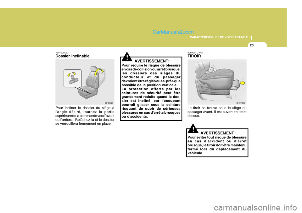 Hyundai Terracan 2006  Manuel du propriétaire (in French) 1
CARACTÉRISTIQUES DE VOTRE HYUNDAI
23
!
YB070D2-AU Dossier inclinable Pour incliner le dossier du siège à langle désiré, tournez la partie supérieure de la commande vers lavantou larrière. 