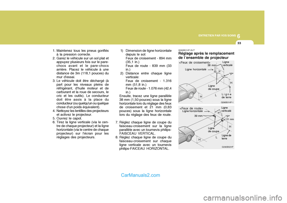 Hyundai Terracan 2006 Manuel du propriétaire (in French) 6
ENTRETIEN PAR VOS SOINS
33
1. Maintenez tous les pneus gonflés à la pression correcte.
2. Garez le véhicule sur un sol plat et appuyez plusieurs fois sur le pare- chocs avant et le pare-chocsarri Hyundai Terracan 2006 Manuel du propriétaire (in French) 6
ENTRETIEN PAR VOS SOINS
33
1. Maintenez tous les pneus gonflés à la pression correcte.
2. Garez le véhicule sur un sol plat et appuyez plusieurs fois sur le pare- chocs avant et le pare-chocsarri
