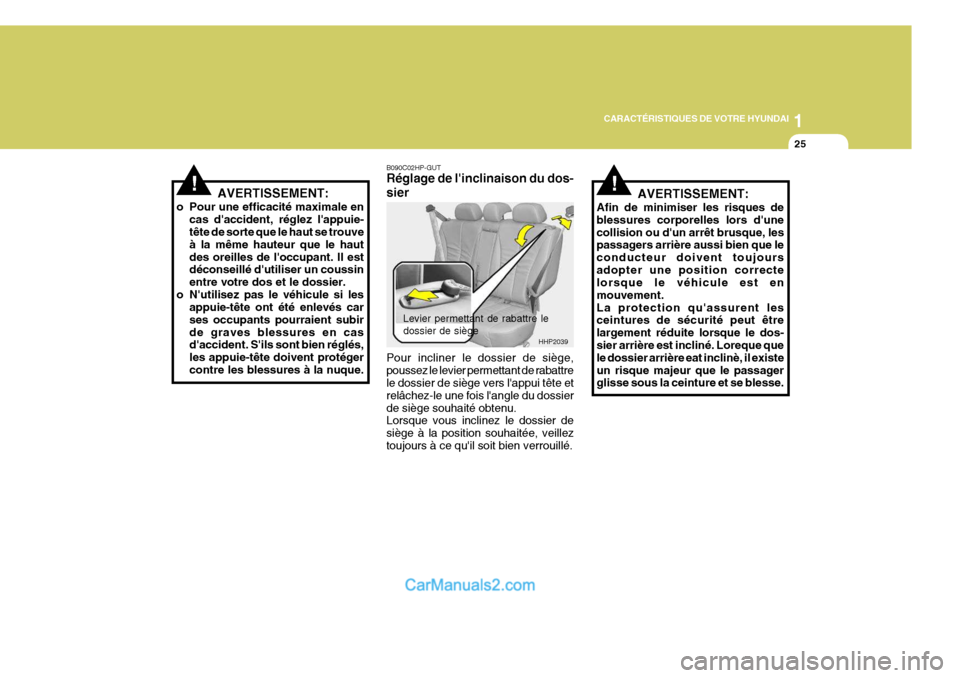 Hyundai Terracan 2006  Manuel du propriétaire (in French) 1
CARACTÉRISTIQUES DE VOTRE HYUNDAI
25
Levier permettant de rabattre le dossier de siège
HHP2039
!AVERTISSEMENT:
o Pour une efficacité maximale en cas daccident, réglez lappuie- tête de sorte q