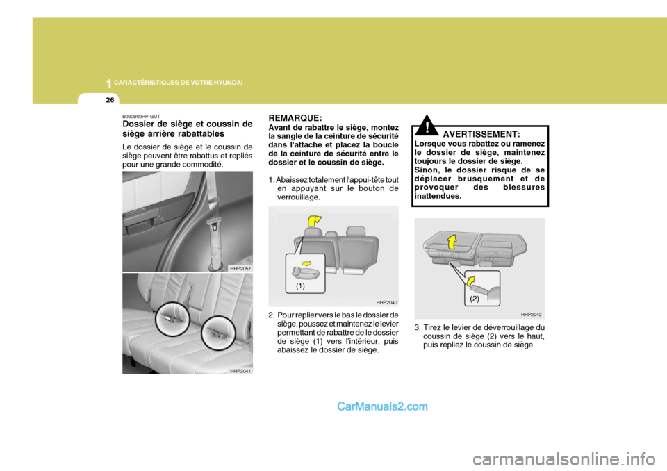 Hyundai Terracan 2006  Manuel du propriétaire (in French) 1CARACTÉRISTIQUES DE VOTRE HYUNDAI
26
!
HHP2042
(2)
AVERTISSEMENT:
Lorsque vous rabattez ou ramenez le dossier de siège, maintenez toujours le dossier de siège. Sinon, le dossier risque de sedépla