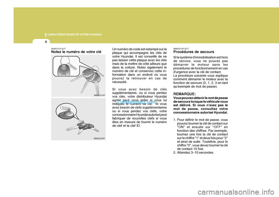 Hyundai Terracan 2006  Manuel du propriétaire (in French) 1CARACTÉRISTIQUES DE VOTRE HYUNDAI
6
B080C01A-GUT Notez le numéro de votre clé Un numéro de code est estampé sur la plaque qui accompagne les clés devotre Hyundai. Il est conseillé de ne pas la