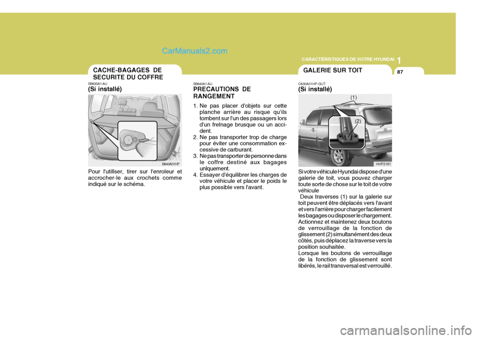 Hyundai Terracan 2006  Manuel du propriétaire (in French) 1
CARACTÉRISTIQUES DE VOTRE HYUNDAI
87CACHE-BAGAGES DE SECURITE DU COFFRE
SB640A1-AU PRECAUTIONS DE RANGEMENT 
1. Ne pas placer dobjets sur cette
planche arrière au risque quils tombent sur lun d