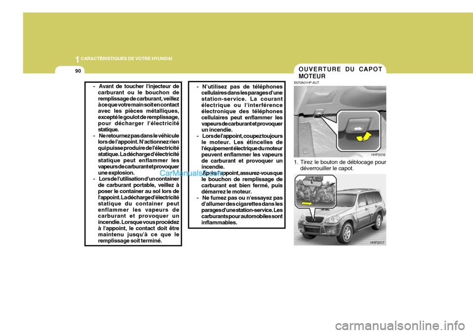 Hyundai Terracan 2006  Manuel du propriétaire (in French) 1CARACTÉRISTIQUES DE VOTRE HYUNDAI
90
- Avant de toucher linjecteur decarburant ou le bouchon de remplissage de carburant, veillez à ce que votre main soit en contact avec les pièces métalliques,