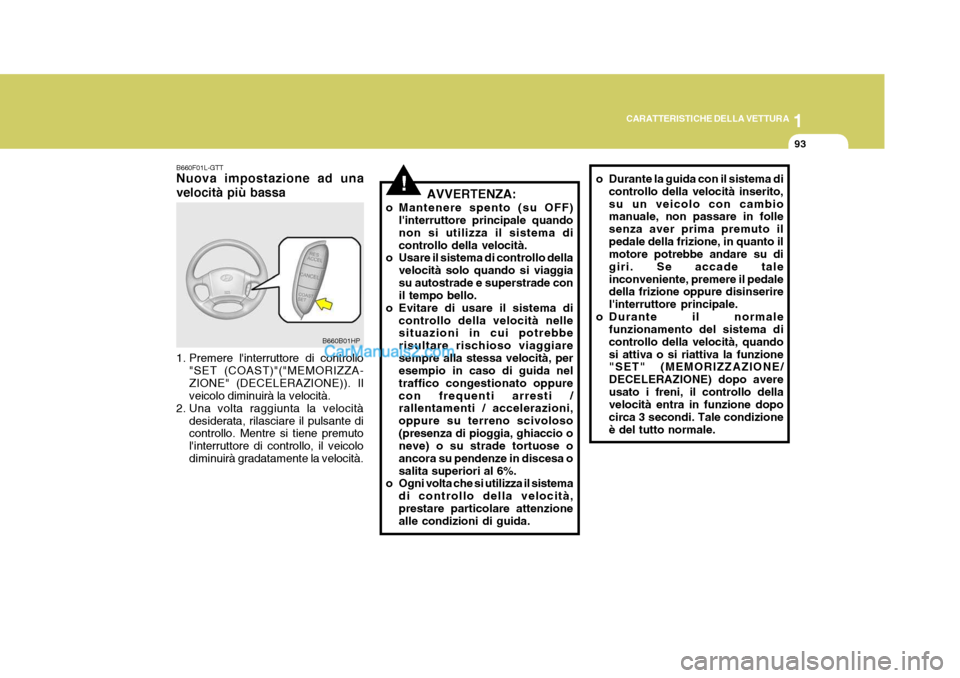 Hyundai Terracan 2006 Manuale del proprietario (in Italian) 1
CARATTERISTICHE DELLA VETTURA
93
B660F01L-GTT Nuova impostazione ad una velocità più bassa
1. Premere linterruttore di controllo "SET (COAST)"("MEMORIZZA- ZIONE" (DECELERAZIONE)). Il veicolo dim Hyundai Terracan 2006 Manuale del proprietario (in Italian) 1
CARATTERISTICHE DELLA VETTURA
93
B660F01L-GTT Nuova impostazione ad una velocità più bassa
1. Premere linterruttore di controllo "SET (COAST)"("MEMORIZZA- ZIONE" (DECELERAZIONE)). Il veicolo dim