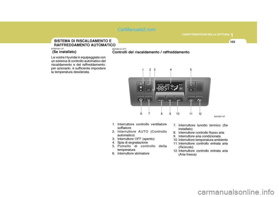 Hyundai Terracan 2006 Manuale del proprietario (in Italian) 1
CARATTERISTICHE DELLA VETTURA
103SISTEMA DI RISCALDAMENTO E RAFFREDDAMENTO AUTOMATICO
B970B01HP
6YB970A1-AT (Se installato) La vostra Hyundai è equipaggiata con un sistema di controllo automatico Hyundai Terracan 2006 Manuale del proprietario (in Italian) 1
CARATTERISTICHE DELLA VETTURA
103SISTEMA DI RISCALDAMENTO E RAFFREDDAMENTO AUTOMATICO
B970B01HP
6YB970A1-AT (Se installato) La vostra Hyundai è equipaggiata con un sistema di controllo automatico