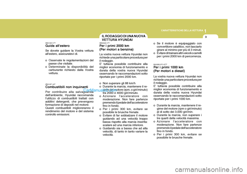 Hyundai Terracan 2006 Manuale del proprietario (in Italian) 1
CARATTERISTICHE DELLA VETTURA
3IL RODAGGIO DI UNA NUOVA VETTURA HYUNDAI
SB010D1-FT Guida allestero Se dovete guidare la Vostra vettura allestero, assicuratevi di.
o Osservate le regolamentazioni Hyundai Terracan 2006 Manuale del proprietario (in Italian) 1
CARATTERISTICHE DELLA VETTURA
3IL RODAGGIO DI UNA NUOVA VETTURA HYUNDAI
SB010D1-FT Guida allestero Se dovete guidare la Vostra vettura allestero, assicuratevi di.
o Osservate le regolamentazioni